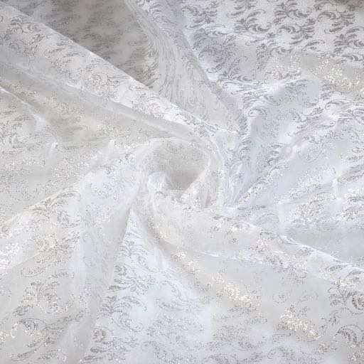 Organza Printed Glitter Brocade White