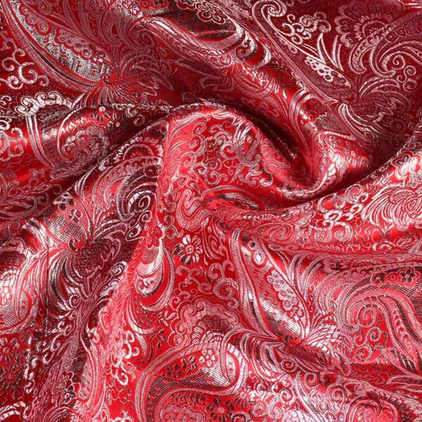 Jacquard fabric paisley flower red silver