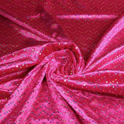 Velours de panne fabric fuchsia with silver hologram sequins