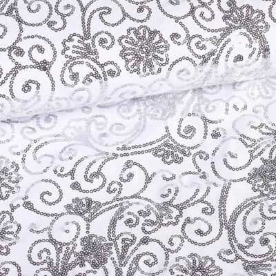 Terlenka fabric white with silver fantasy sequins