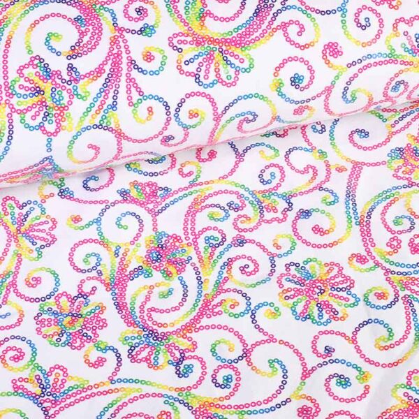 Terlenka fabric white with multicolor sequins
