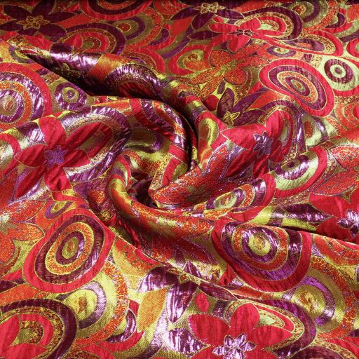 Brocade flower fabric multicolour red purple lurex