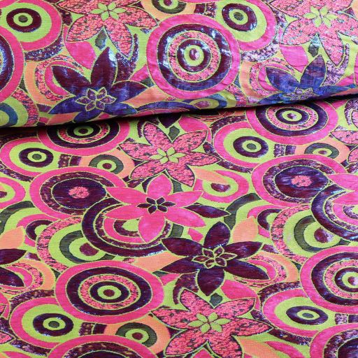 Brocade flower fabric multicolor lime purple