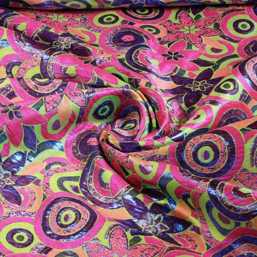 Brocade flower fabric multicolor lime purple