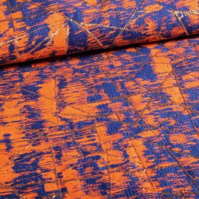Jacquard fabric gold lurex abstract orange/cobalt