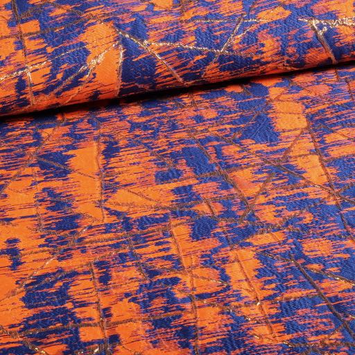 Jacquard fabric gold lurex abstract orange/cobalt