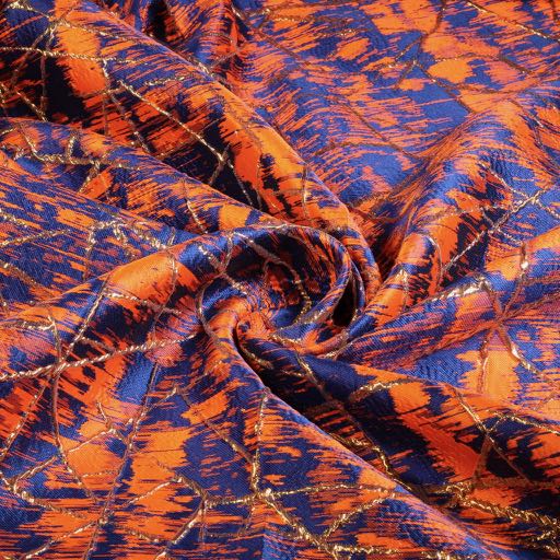 Jacquard fabric gold lurex abstract orange/cobalt