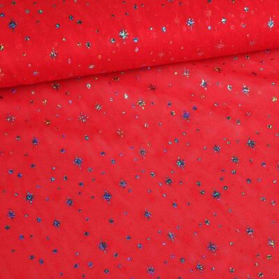 Mesh fabric hologram glitter star red