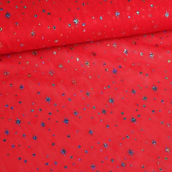 Mesh fabric hologram glitter star red