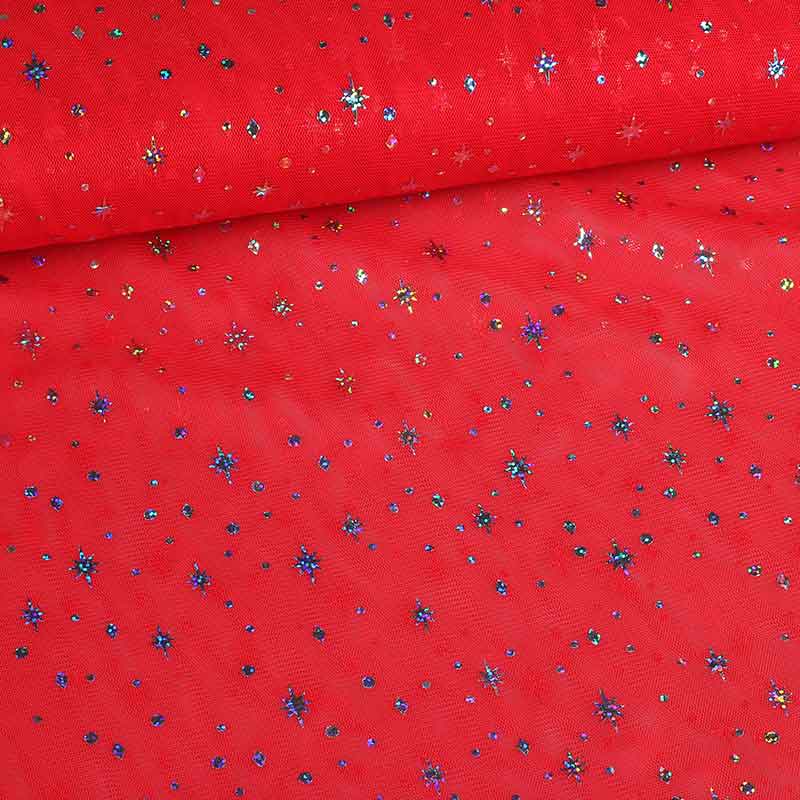 Mesh fabric hologram glitter star red