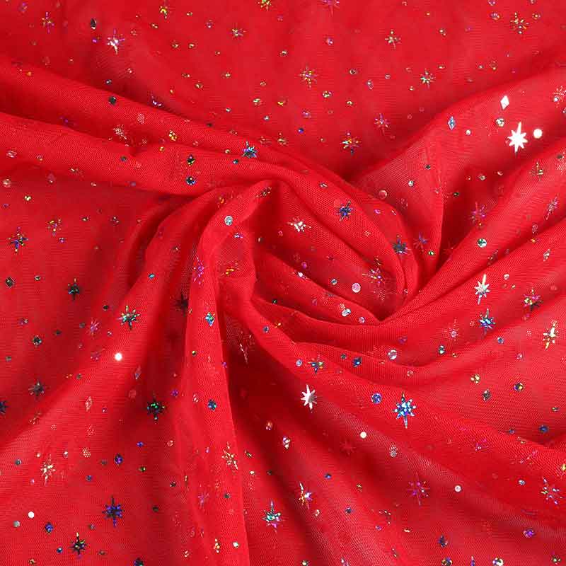 Mesh fabric hologram glitter star red