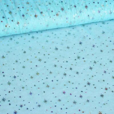 Mesh fabric hologram glitter star light blue