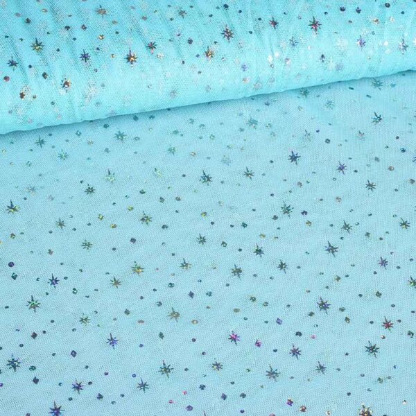 Mesh fabric hologram glitter star light blue