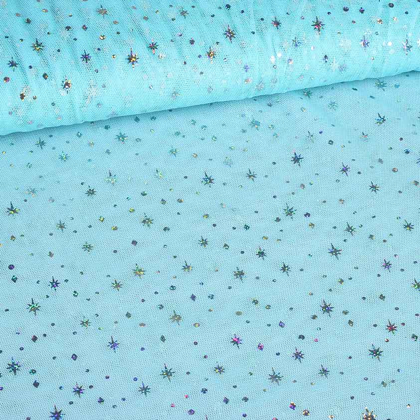 Mesh fabric hologram glitter star light blue