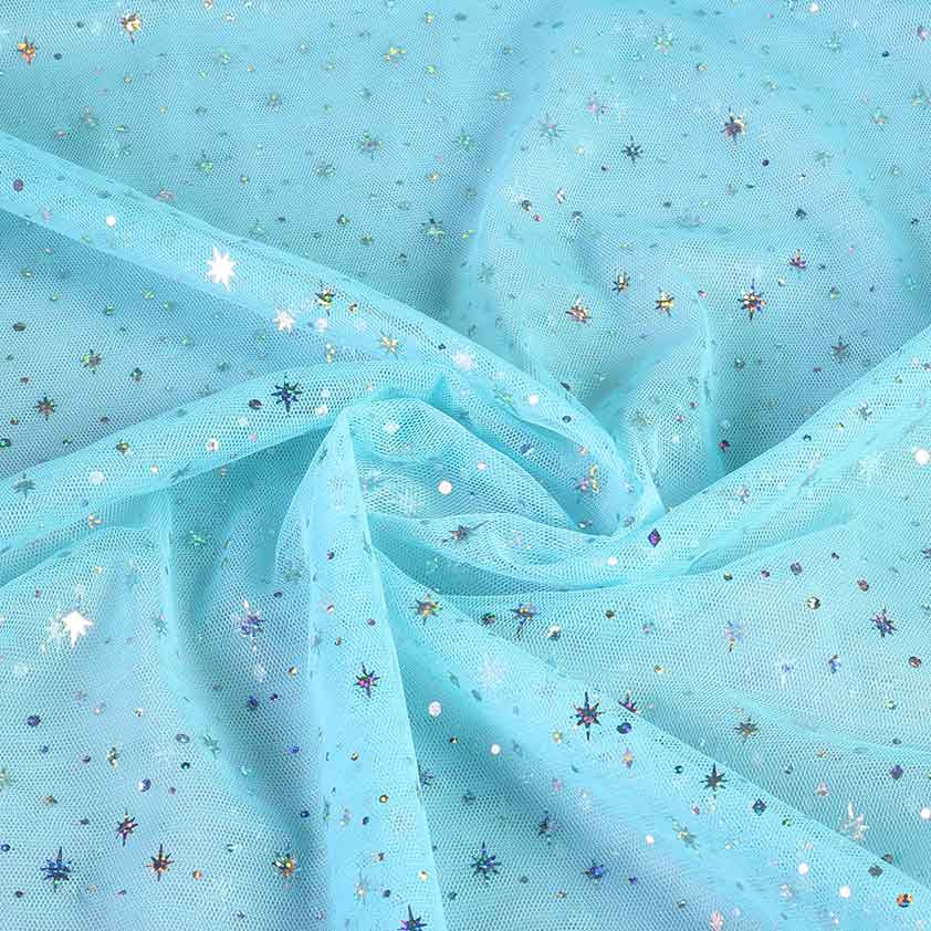 Mesh fabric hologram glitter star light blue
