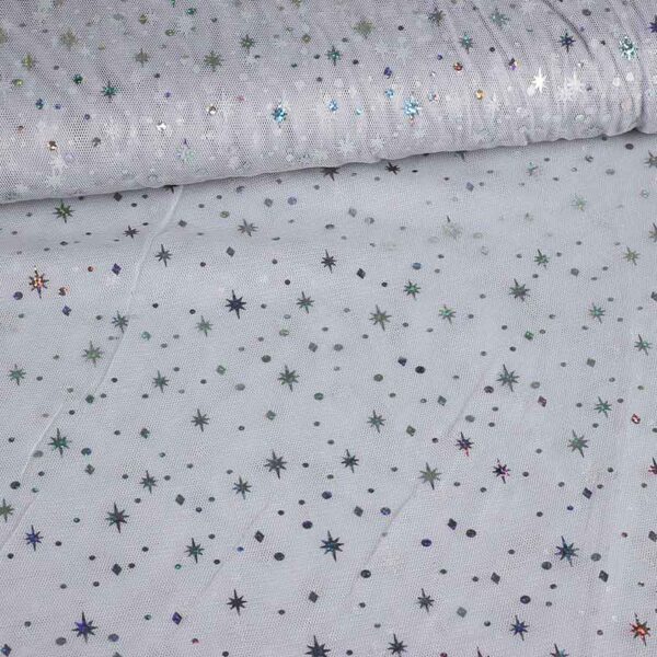 Mesh fabric hologram glitter star light grey