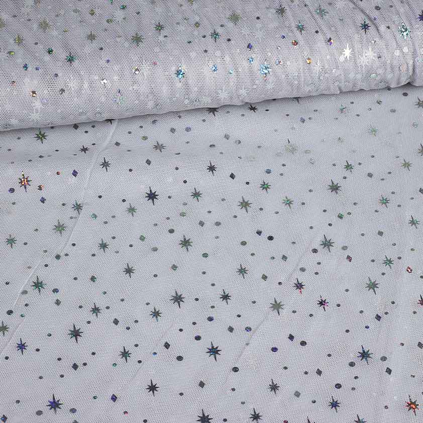 Mesh fabric hologram glitter star light grey