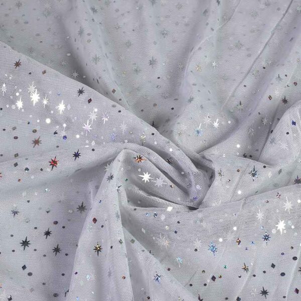 Mesh fabric hologram glitter star light grey