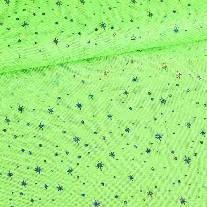 Mesh fabric hologram glitter star lime