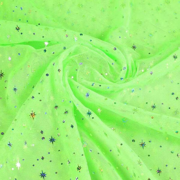 Mesh fabric hologram glitter star lime