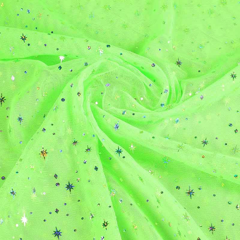 Mesh fabric hologram glitter star lime