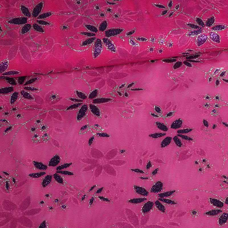 Mesh fabric glitter flower fuchsia