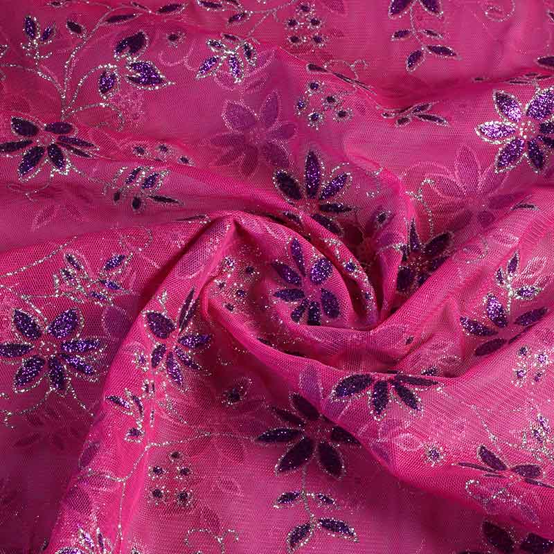 Mesh fabric glitter flower fuchsia