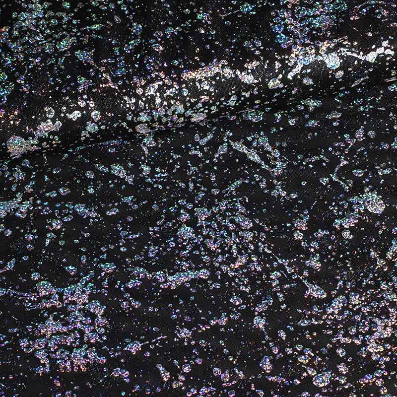 Mesh fabric black with silver foil