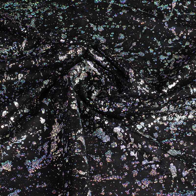 Mesh fabric black with silver foil
