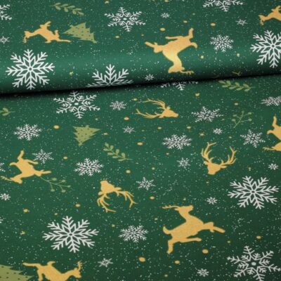 Poplin fabric deer green/gold