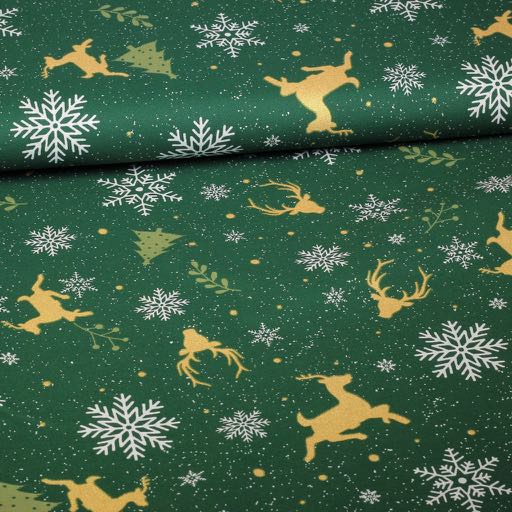 Poplin fabric deer green/gold