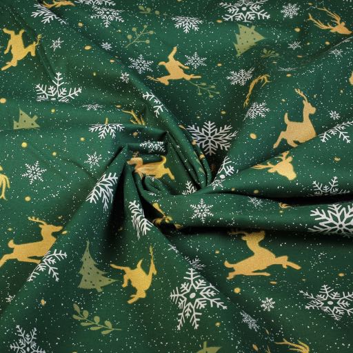 Poplin fabric deer green/gold