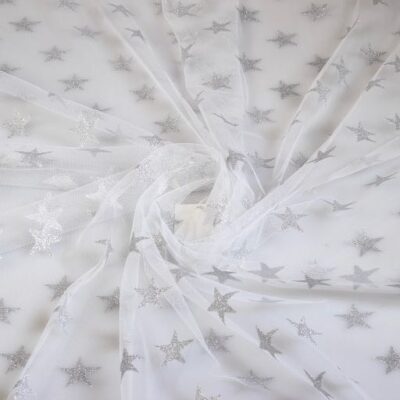 Mesh fabric glitter star silver