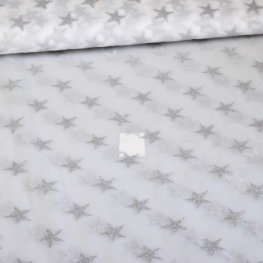 Mesh fabric glitter star silver