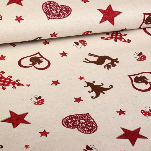 Cotton linen fabric red with deer motif