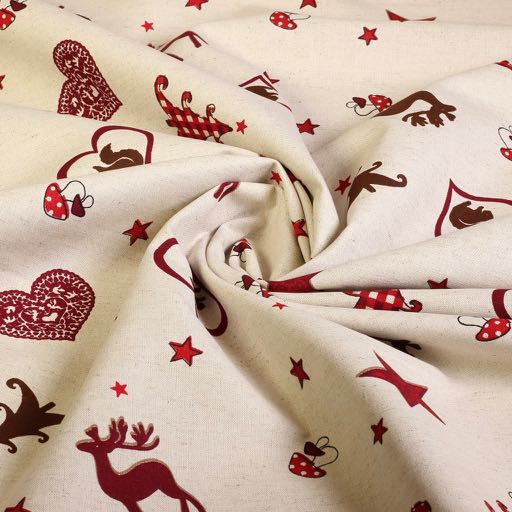 Cotton linen fabric red with deer motif