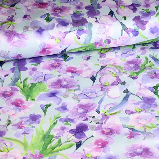 Cotton stretch satin watercolour flower light blue