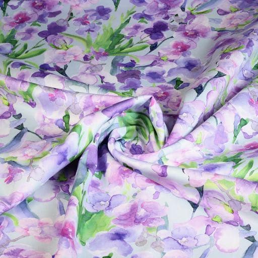 Cotton stretch satin watercolour flower light blue