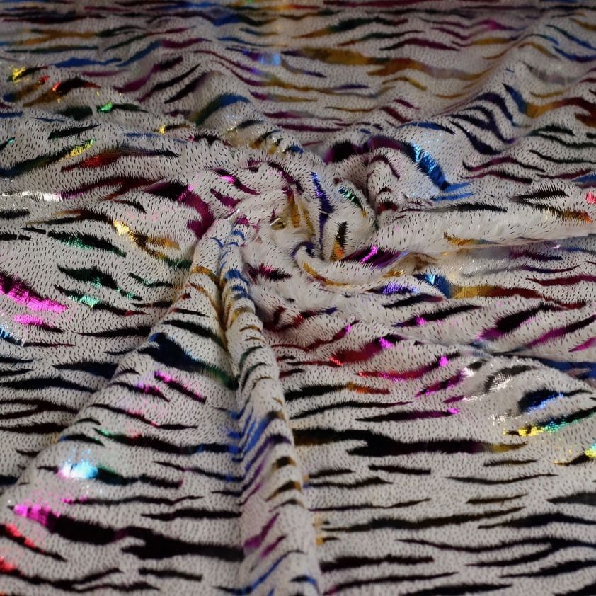 Faux fur white multicolor foil stripe