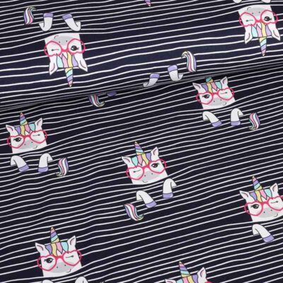 Tricot fabric digital printed unicorn stripe navy
