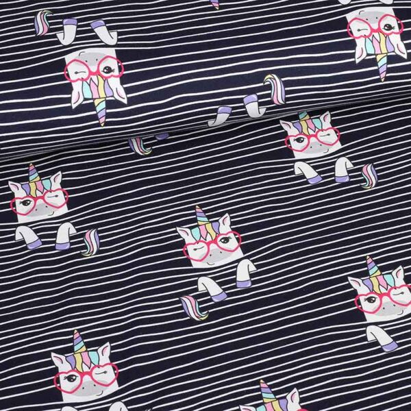 Tricot fabric digital printed unicorn stripe navy