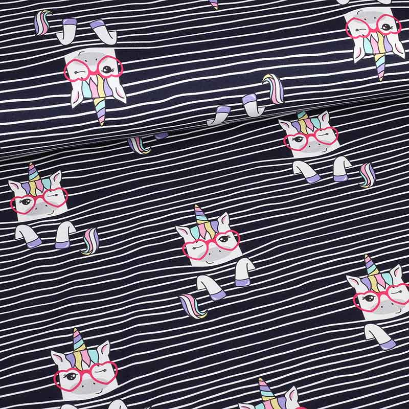 Tricot fabric digital printed unicorn stripe navy