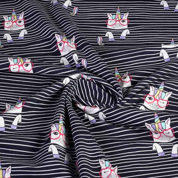 Tricot fabric digital printed unicorn stripe navy