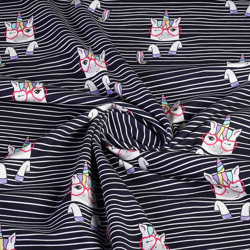 Tricot fabric digital printed unicorn stripe navy
