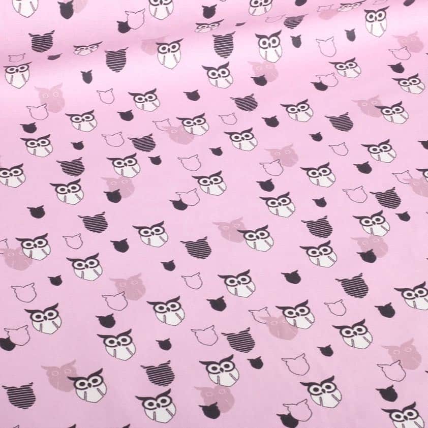 Poplin fabric owl pink