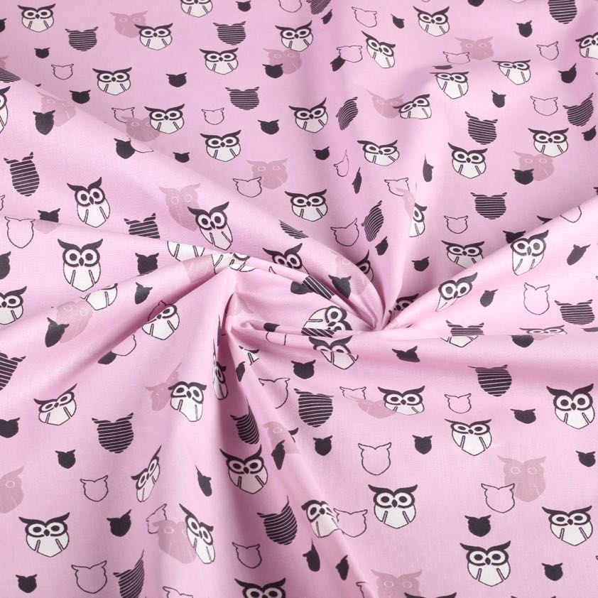 Poplin fabric owl pink
