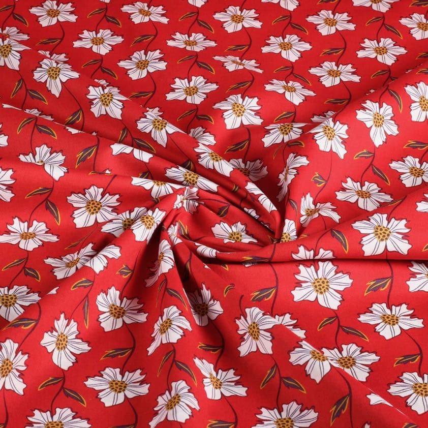 Poplin fabric fantasy daisy red