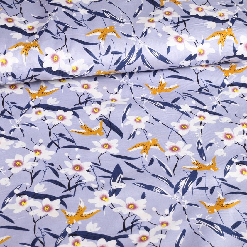 Poplin fabric swallow light blue