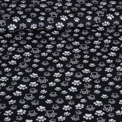 Poplin fabric dog paws black white