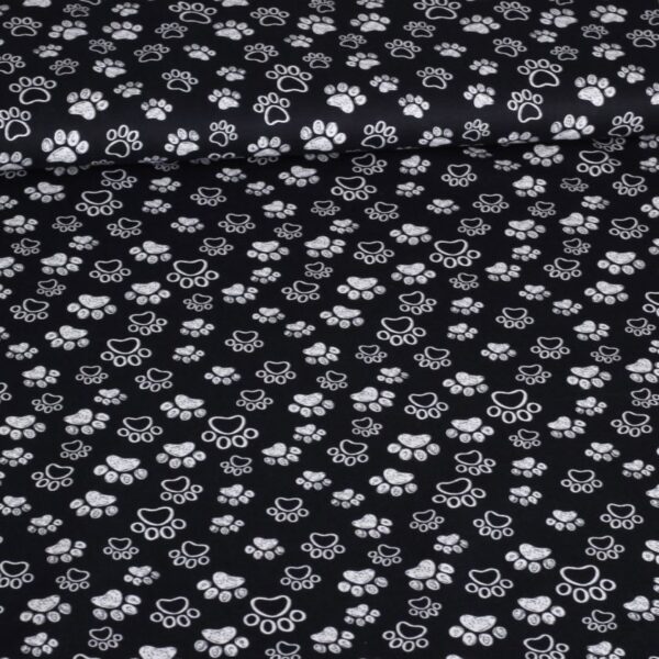 Poplin fabric dog paws black white